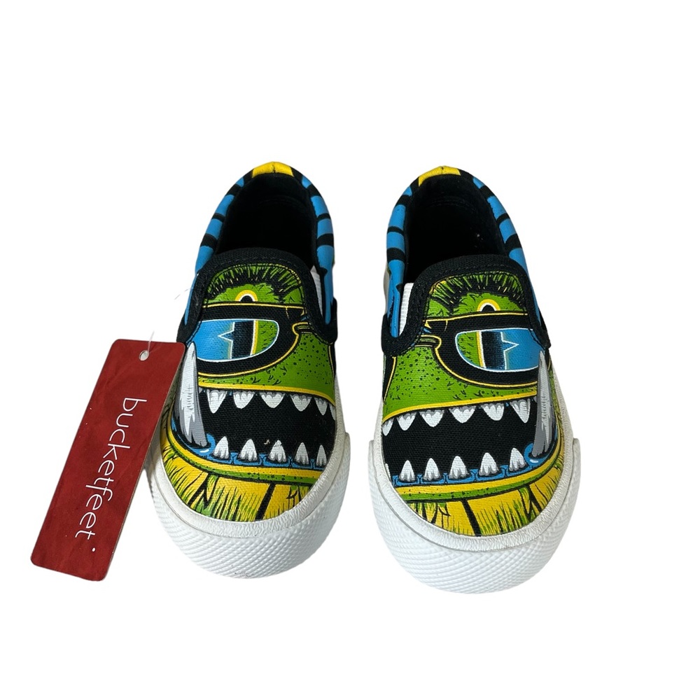 Bucketfeet Stomp & Chomp Low Top Canvas Slip on Shoes Monster Print Size 5